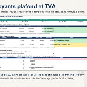 K&ouml;nnte beinhalten: Ein digitales Dashboard mit dem Titel Voyants plafond et TVA, das Finanzdaten f&uuml;r 2026 anzeigt. Die Tabelle enth&auml;lt Spalten f&uuml;r Umsatz, Steuern und Status und verwendet gr&uuml;n, orange und rot markierte Zeilen zur Anzeige von Schwellenwerten.