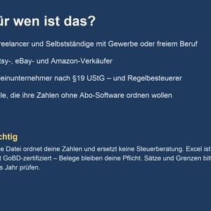 Puede incluir: Un gr&aacute;fico informativo azul oscuro con texto blanco en alem&aacute;n. El encabezado dice F&uuml;r wen ist das? seguido de una lista de audiencias objetivo que incluye aut&oacute;nomos, vendedores en l&iacute;nea y peque&ntilde;as empresas. Una secci&oacute;n llamada Wichtig incluye un aviso legal sobre asesoramiento fiscal y cumplimiento de software.