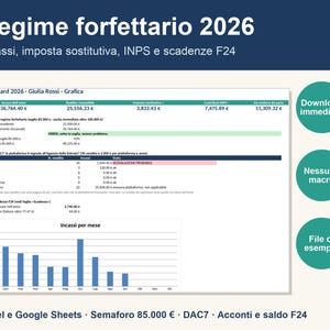 Puede incluir: Una plantilla de hoja de c&aacute;lculo digital titulada Regime forfettario 2026 para el seguimiento fiscal. Incluye datos financieros, un gr&aacute;fico de barras de ingresos mensuales y secciones para ingresos, impuestos y plazos F24.