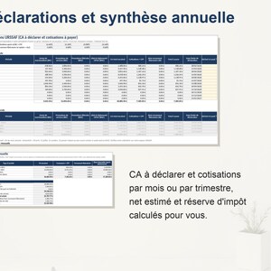K&ouml;nnte beinhalten: Ein Finanzdokument mit dem Titel D&eacute;clarations et synth&egrave;se annuelle, das Tabellen f&uuml;r monatliche und viertelj&auml;hrliche URSSAF-Erkl&auml;rungen enth&auml;lt, einschlie&szlig;lich Spalten f&uuml;r Ums&auml;tze, Dienstleistungen und Beitr&auml;ge sowie eine Zusammenfassung des gesch&auml;tzten Nettoeinkommens und der Steuerr&uuml;cklagen.
