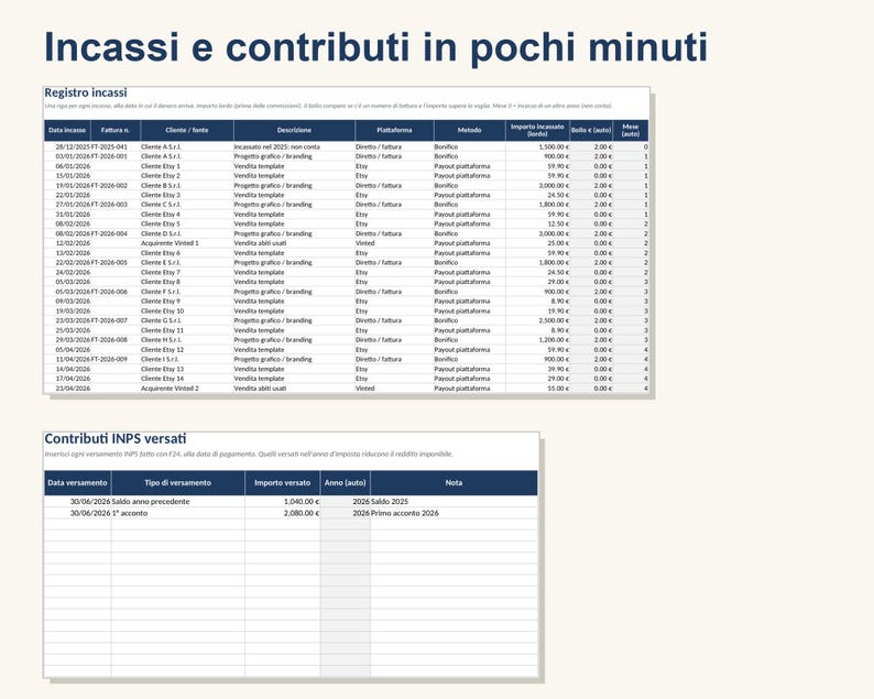 Puede incluir: Una plantilla de hoja de c&aacute;lculo digital titulada Incassi e contributi in pochi minuti, que presenta dos tablas: Registro incassi para el seguimiento de ingresos con columnas para fecha, factura, cliente, descripci&oacute;n y monto, y Contributi INPS versati.