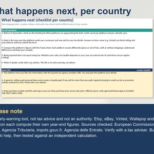 Może przedstawiać: Dokument informacyjny zatytułowany What happens next, per country, zawierający listę kontrolną dotyczącą zgłoszeń podatkowych. Obejmuje sekcje dla wszystkich kraj&oacute;w oraz Hiszpanii, z poradami dotyczącymi limit&oacute;w, formularzy i rachunk&oacute;w.
