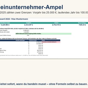 Puede incluir: Un panel de control digital titulado Kleinunternehmer-Ampel que muestra datos financieros para 2026, incluyendo ingresos, gastos, beneficios y provisiones fiscales. Incluye un indicador de estado para peque&ntilde;as empresas y un rastreador DAC7.