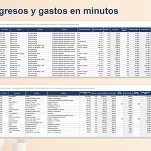 May include: A digital spreadsheet template titled Ingresos y gastos en minutos, featuring two distinct tables for tracking income and expenses. The tables contain columns for dates, invoice numbers, clients, categories, and various financial data points.