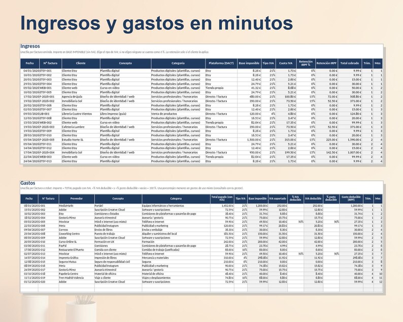 May include: A digital spreadsheet template titled Ingresos y gastos en minutos, featuring two distinct tables for tracking income and expenses. The tables contain columns for dates, invoice numbers, clients, categories, and various financial data points.
