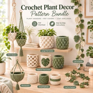 Op de afbeelding: Haakpatroonbundel voor plantendecoratie met PDF-download en stapsgewijze instructies. Bevat plantenhangers, grote en middelgrote potcovers, kleine mandjes en bladguirlandes in crème en saliegroen garen.
