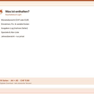 Pu&ograve; includere: Un documento digitale per la pianificazione del budget con un'icona di volpe e il testo Was ist enthalten? Haushaltsbuch Light. Elenca sezioni per panoramica mensile, entrate, costi fissi e variabili, registro spese e obiettivi di risparmio.