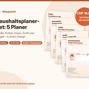 Può includere: Un set di cinque pianificatori domestici intitolati Alltagsheft, con un logo a forma di volpe. I documenti includono un libro contabile, una tabella delle faccende, un piano pasti, una lista della spesa e un pianificatore settimanale. Formati A4 e A5.