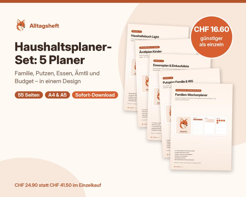 Conjunto imprimible de planificador doméstico, planificador familiar, horario de limpieza, plan de comidas, tabla de tareas y libro del hogar (PDF) imagen 1