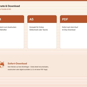 May include: A digital cleaning schedule information graphic with a light striped background. It features three brown boxes labeled A4, A5, and PDF, plus a section titled Sofort-Download with a small fox icon and explanatory text.