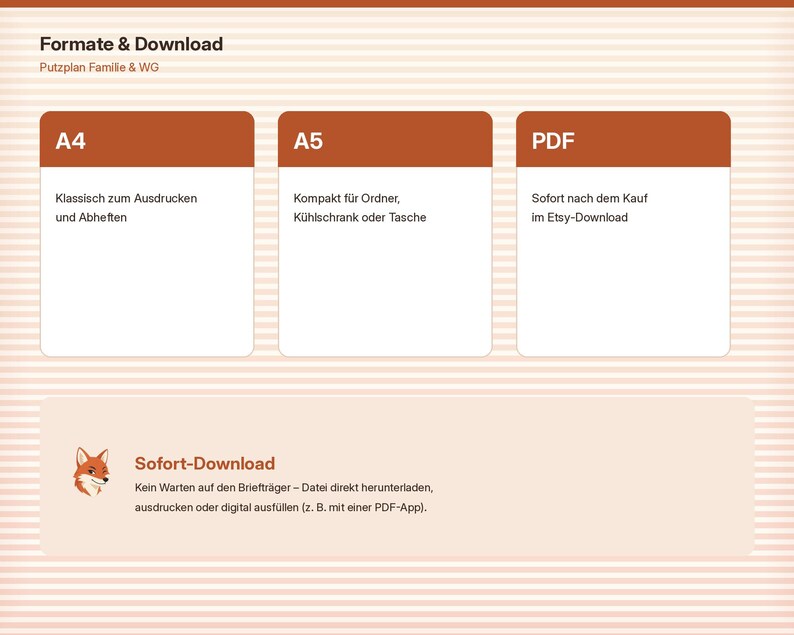 May include: A digital cleaning schedule information graphic with a light striped background. It features three brown boxes labeled A4, A5, and PDF, plus a section titled Sofort-Download with a small fox icon and explanatory text.
