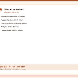 Puede incluir: Un conjunto de planificador digital con un icono de zorro y el texto Was ist enthalten? Alltagsheft Starter-Set. Enumera cinco secciones: Familien-Wochenplaner, Putzplan Familie & WG, Essensplan & Einkaufsliste, &Auml;mtliplan Kinder y Haushaltsbuch Light.