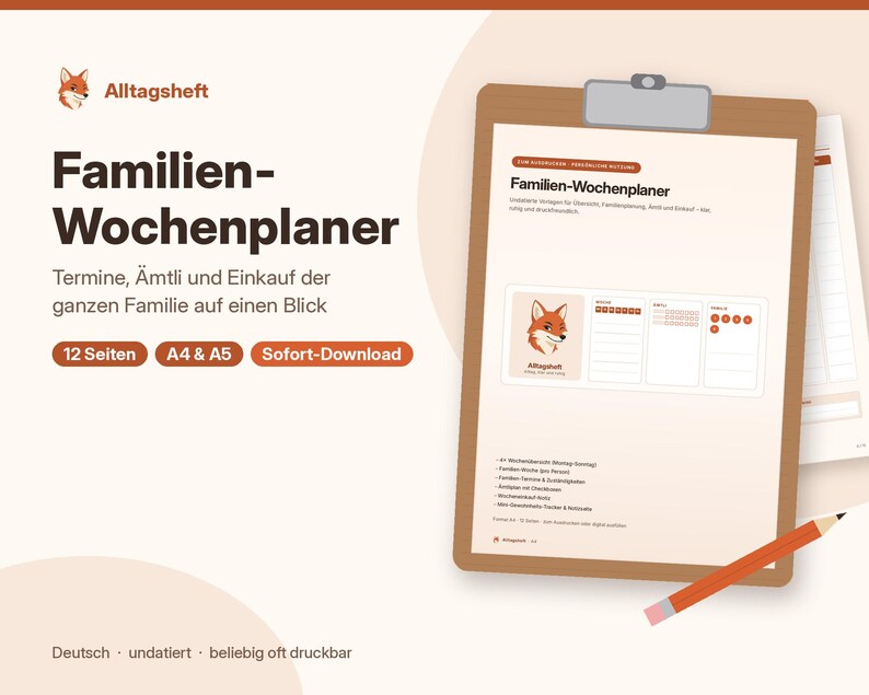 Printable family weekly planner, family planner with weekly overview & chores, PDF A4 A5 image 1