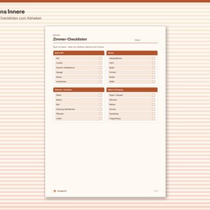 May include: A white paper checklist titled Zimmer-Checklisten with brown headers and four sections for room cleaning tasks. Each item has a small square checkbox for marking completion. The document includes columns for Bad & WC, K&uuml;che, Wohnen / Schlafen, and B&ouml;den & Eingang.