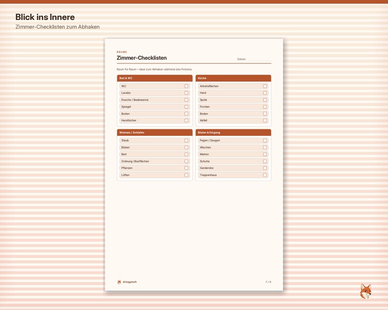 May include: A white paper checklist titled Zimmer-Checklisten with brown headers and four sections for room cleaning tasks. Each item has a small square checkbox for marking completion. The document includes columns for Bad & WC, K&uuml;che, Wohnen / Schlafen, and B&ouml;den & Eingang.