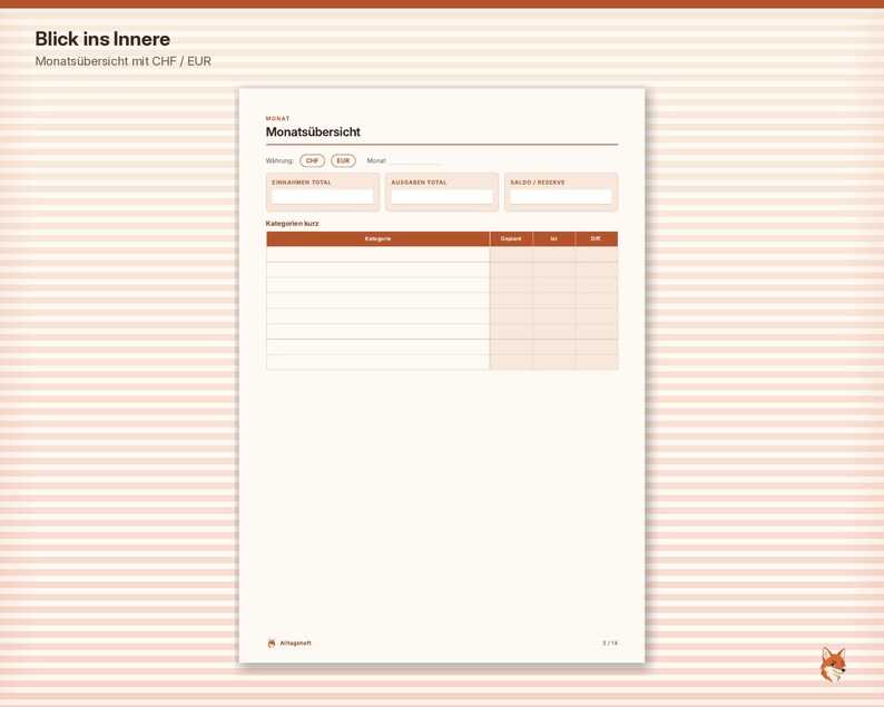 Pu&ograve; includere: Una pagina di pianificazione del budget mensile bianca con il titolo Monats&uuml;bersicht. Include sezioni per entrate, uscite e saldo, con opzioni di valuta CHF ed EUR. Il layout presenta una tabella per categorie, importi pianificati e totali.