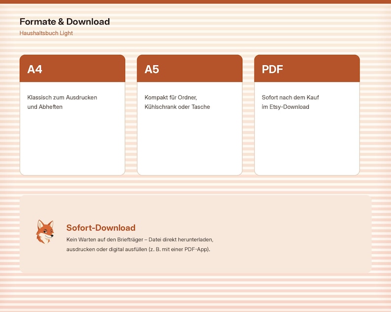 Pu&ograve; includere: Un grafico informativo digitale intitolato Formate & Download per un Haushaltsbuch Light. Mostra tre riquadri etichettati A4, A5 e PDF con descrizioni in tedesco e una sezione inferiore intitolata Sofort-Download con l'icona di una volpe.