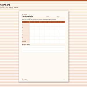 May include: A weekly family planner page with a grid layout for five individuals, featuring columns for days of the week, a section for notes, and the text "Blick ins Innere," "Familien-Woche," "pro Person," "Woche," "Datum," and "Notizen zur Woche."