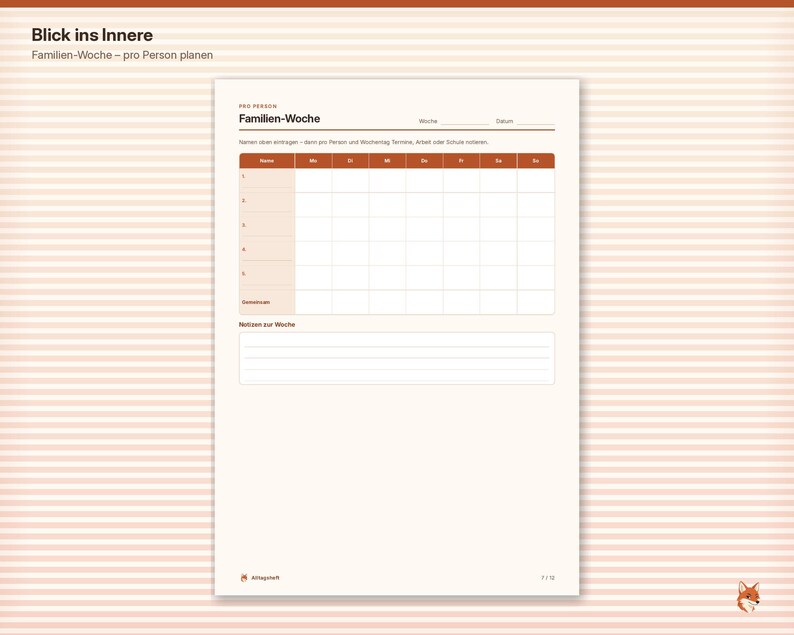May include: A weekly family planner page with a grid layout for five individuals, featuring columns for days of the week, a section for notes, and the text "Blick ins Innere," "Familien-Woche," "pro Person," "Woche," "Datum," and "Notizen zur Woche."