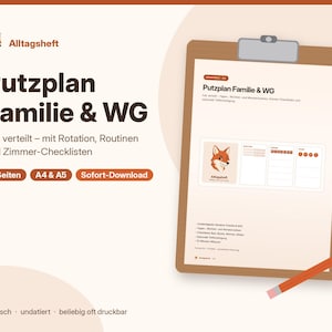 Printable cleaning schedule for families and shared apartments, household plan with rotation and checklists, PDF A4 A5 image 1