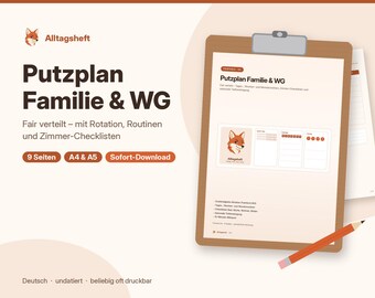 Op de afbeelding: Een digitale schoonmaakplanner getiteld Putzplan Familie & WG met een vossenicoon, ingedeeld in dagelijkse, wekelijkse en maandelijkse routines met kamerchecklists. Het document ligt op een bruin klembord met een oranje potlood ernaast.