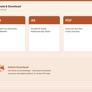 Op de afbeelding: Een digitale download-infographic met een licht perzikkleurige gestreepte achtergrond. Het bevat drie witte vakken met bruine koppen gelabeld A4, A5 en PDF, plus een onderste sectie met een vossenicoon getiteld Sofort-Download met tekst.