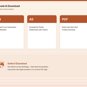 Pu&ograve; includere: Un'infografica digitale intitolata Formate & Download con il sottotitolo Essensplan & Einkaufsliste. Mostra tre riquadri bianchi con intestazioni marroni etichettate A4, A5 e PDF, seguiti da una sezione chiamata Sofort-Download con l'icona di una volpe.
