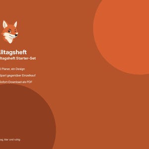 Puede incluir: Un gr&aacute;fico de set de inicio de agenda digital sobre un fondo color &oacute;xido con una ilustraci&oacute;n de zorro y el texto Alltagsheft, Alltagsheft Starter-Set, 5 Planer, ein Design, Spart gegen&uuml;ber Einzelkauf, Sofort-Download als PDF, y Alltag, klar und ruhig.