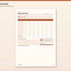 Op de afbeelding: Een weekplanner-blad getiteld Wochenplan Kind 1 met een vossenicoon. Het bevat een raster voor taken van maandag tot zondag, selectievakjes, een sectie voor beloningen, ruimte voor notities en een rij voor dagelijkse stickers met een vos.