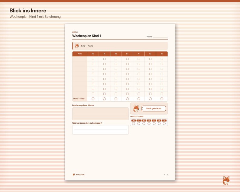 Op de afbeelding: Een weekplanner-blad getiteld Wochenplan Kind 1 met een vossenicoon. Het bevat een raster voor taken van maandag tot zondag, selectievakjes, een sectie voor beloningen, ruimte voor notities en een rij voor dagelijkse stickers met een vos.
