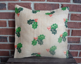 Burlap Christmas Holly Pillow cover