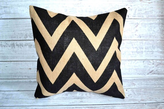 Burlap And Black Chevron Pillow Cover Etsy
