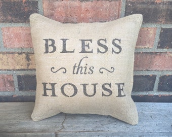 Burlap Bless This House Pillow