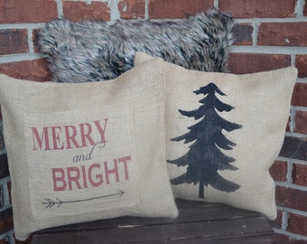 Burlap Merry snd Bright/Christmas Tree Pillow Set