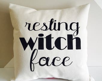 Resting witch face Halloween pillow