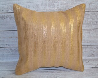 Burlap Metallic Gold Striped Pillow