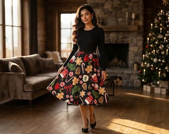 Christmas Gingerbread Dress, Plus Size Holiday A-Line Midi Dress, Long Sleeve Knit Xmas Party Dress, Women’s Winter Festive Outfit