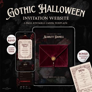 May include: A Gothic Halloween invitation website template featuring a 2-page editable Canva design. The display shows a smartphone with an RSVP form, a tablet with a red velvet envelope, and a printable menu with ornate floral borders.