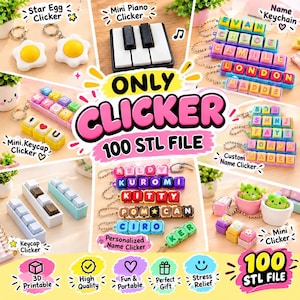 Może przedstawiać: Kolekcja breloków typu clicker do druku 3D z różnymi wzorami, w tym jajkami w kształcie gwiazdek, klawiszami pianina i personalizowanymi blokami z imionami oraz kolorowymi nakładkami. Obraz przedstawia wiele zabawek typu fidget z metalowymi kółkami.
