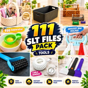 May include: A digital collection of 111 STL files for 3D printing tools, featuring images of a storage basket, a black bin, wooden crates, an egg separator, a grocery bag holder, a spiked roller, a cable winder, and plastic scrapers.