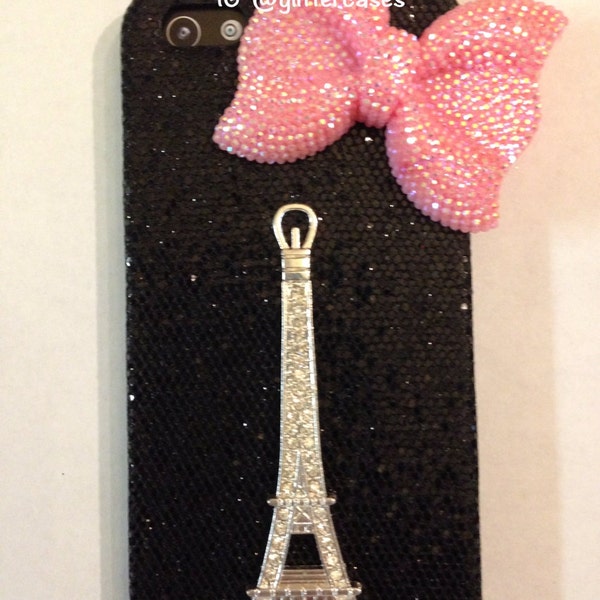 Black iPhone 5, iPhone 5s sparkle case with Eiffel Tower and pink bling bow