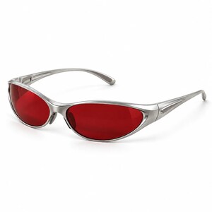 May include: Wraparound sunglasses featuring a metallic silver frame and deep red tinted lenses. The design includes a sleek, aerodynamic shape with contoured temples and a bridge that connects the two oval-shaped lenses into a single unit.
