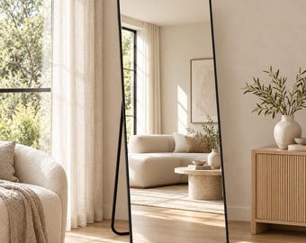 Black Full Length Mirror with Stand, 56 x 21 Inch Rectangular Floor Mirror, Slim Aluminum Frame, Wall Mount Option