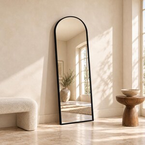 Arched Full Length Mirror with Stand, Black Aluminum Frame, 56 x 15 Inch Floor Mirror for Bedroom, home decor, Floor Mirror (Freestanding)