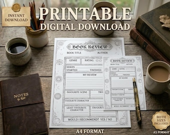 May include: Two white printable book review templates in A4 and A5 formats featuring celestial border designs, fields for book title, author, genre, rating, series, review, favorite scenes, characters, and tropes, with the text BOOK REVIEW.