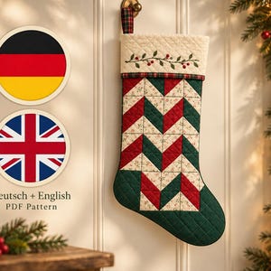 Quilted Christmas Stocking Sewing Pattern PDF, Scrappy HST Patchwork Stocking, Beginner Holiday Project |German  and English|