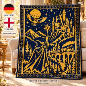 May include: A rectangular crochet blanket featuring a dark blue background with a yellow graphic design of a wizard holding a wand, a castle, a train on a bridge, an owl, and a moon. The border has a geometric pattern.