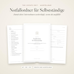 以下が含まれることがあります： 自営業者向けの緊急時用バインダーテンプレート「Notfallordner für Selbstständige」。目次、円形ロゴ入りの表紙、ビジネス情報を記入するための空白のフォームが含まれています。