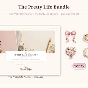 The Pretty Life Bundle | Digital Life Planner + 128 Matching Stickers for GoodNotes, Undated Hyperlinked A4 Planner, Elements & PNG