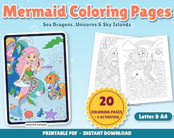 Mermaid Sea Dragon Unicorn Coloring Book, 20 Printable Pages + Activities